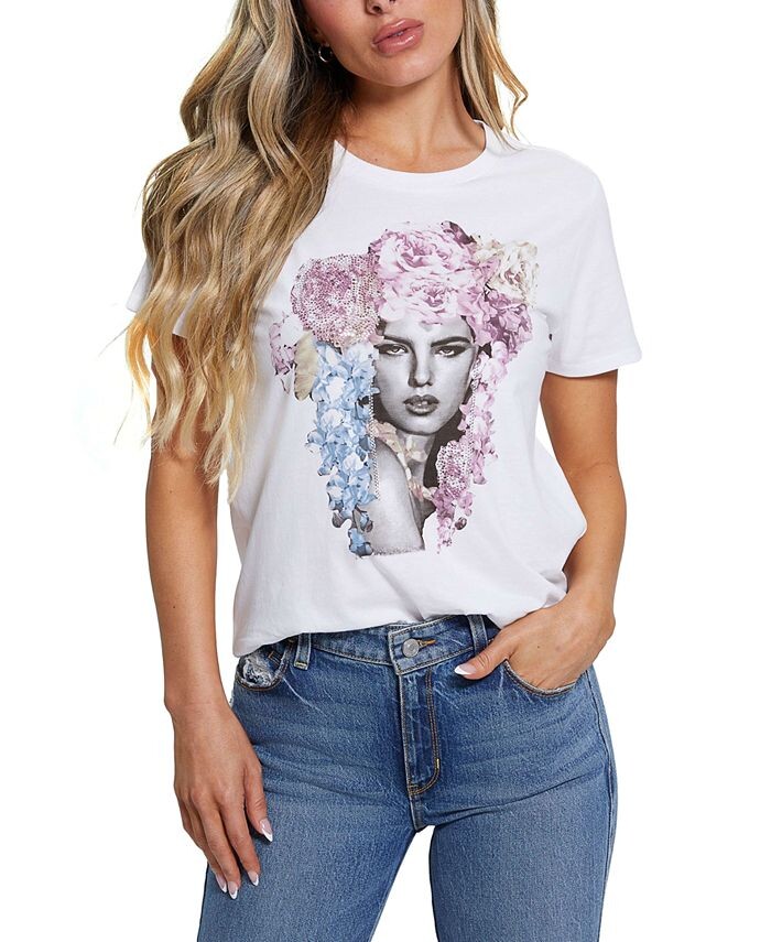 

Женская футболка с короткими рукавами и стразами Flora GUESS, белый