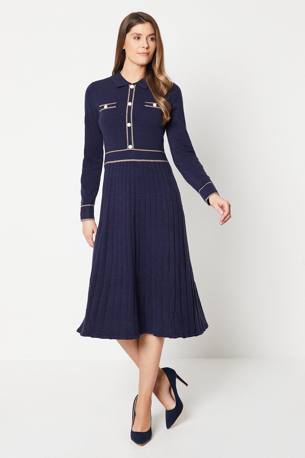 цена Трикотажное платье с высоким низом и плиссировкой на пуговицах Wallis, темно-синий
