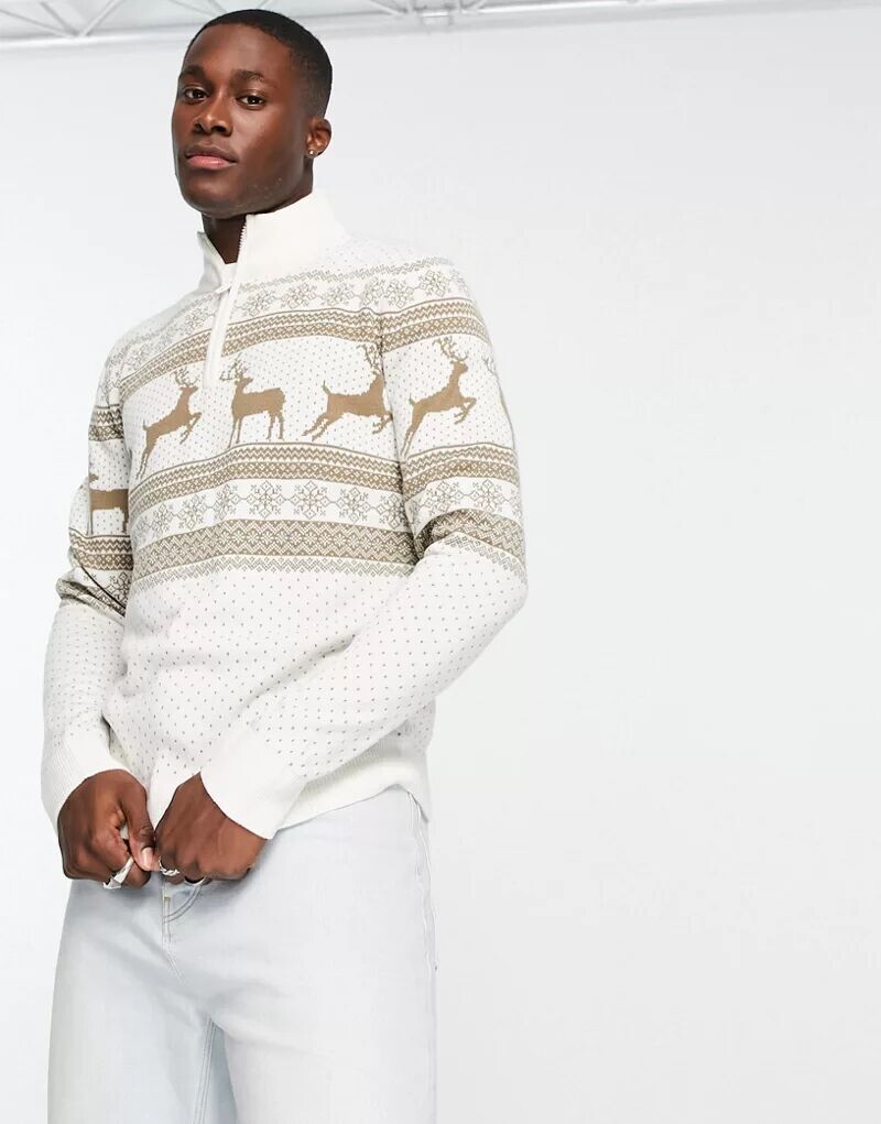 

Укороченный джемпер с молнией Threadbare Christmas Fair Isle цвета экрю