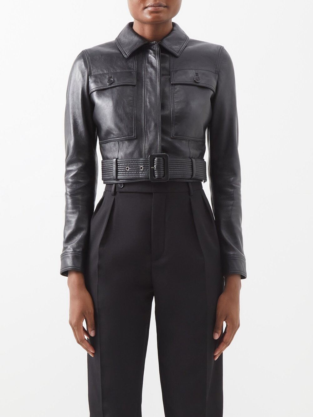 

Укороченная кожаная косуха Saint Laurent, черный