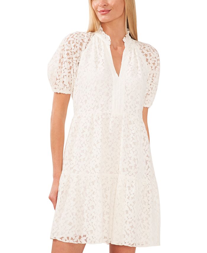 Женское кружевное многоуровневое платье Babydoll с пышными рукавами CeCe, белый