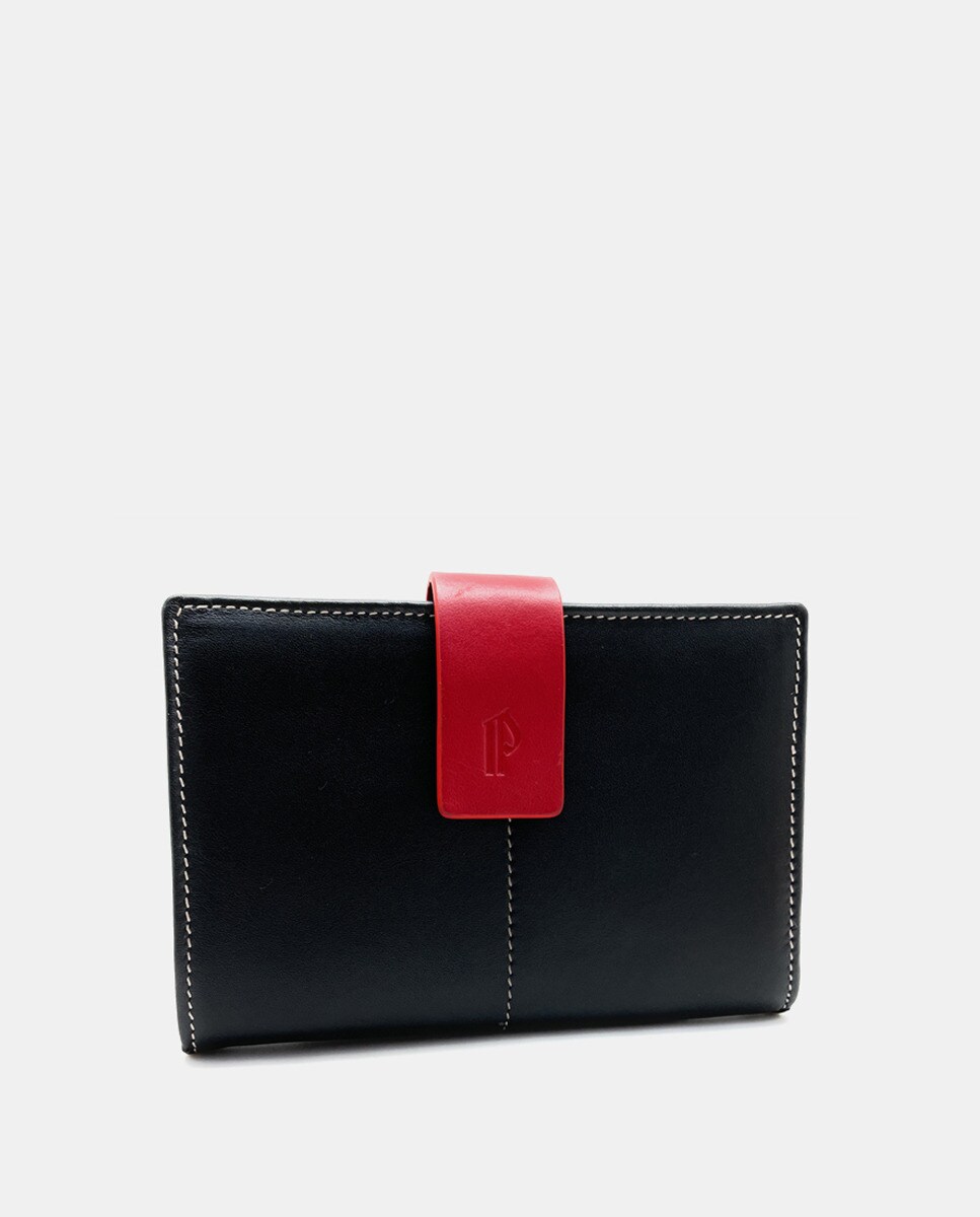 Маленький кожаный кошелек черного цвета с красным ремешком Pielnoble, черный