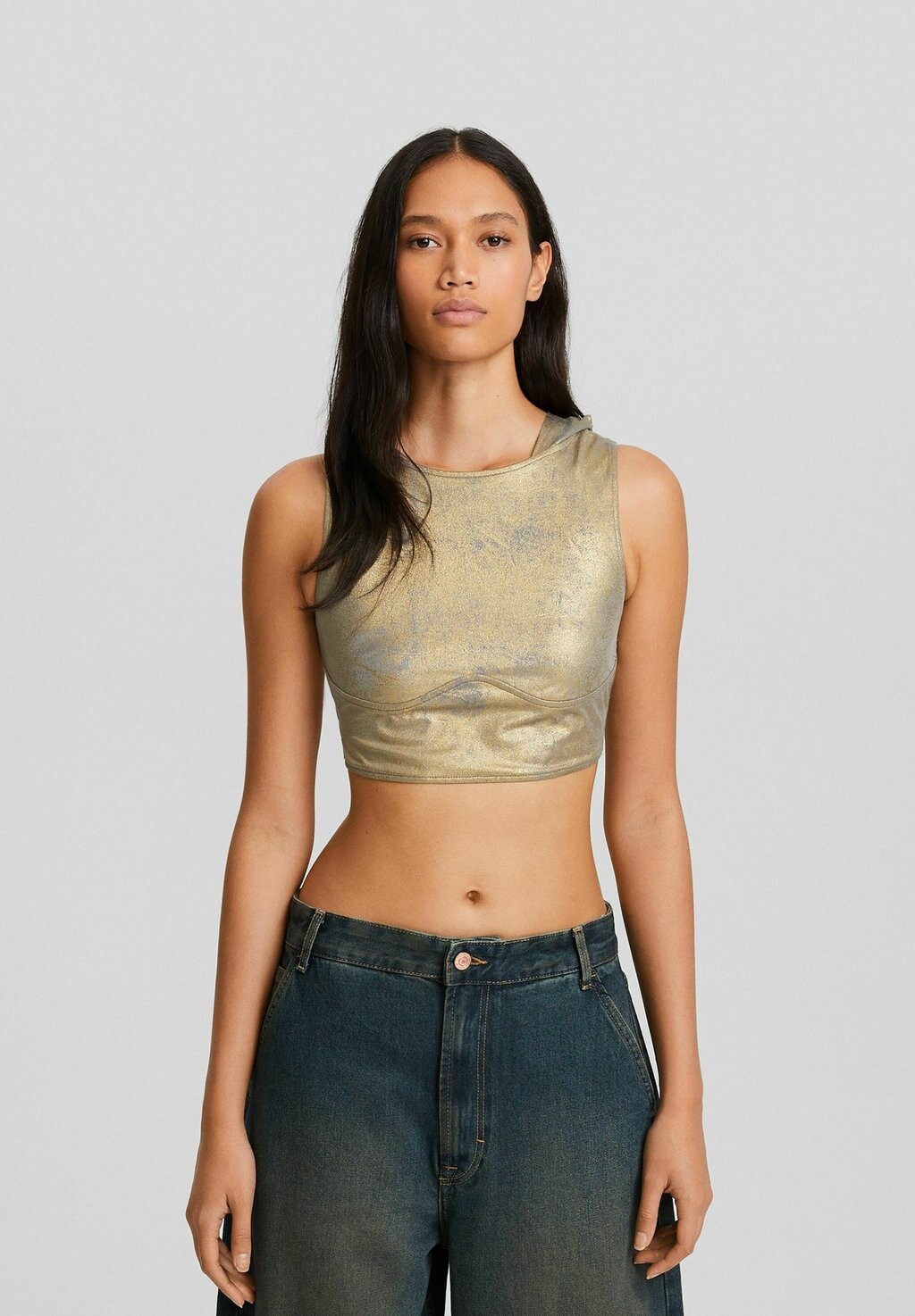 

Топ Sleeveless With Hood And Open Back Bershka, цвет gold coloured