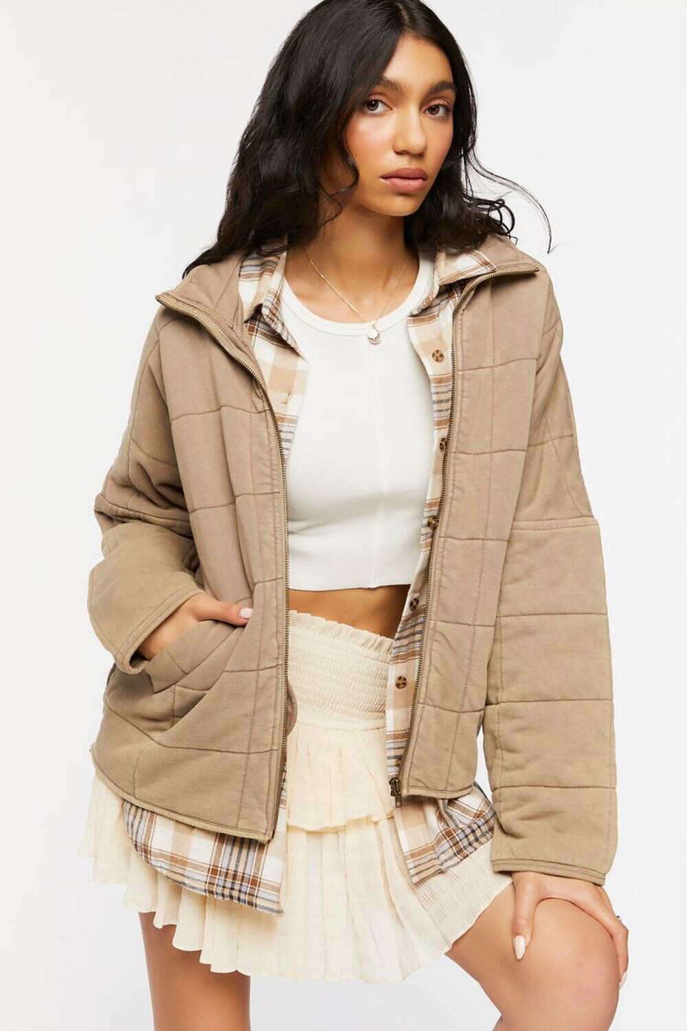 

Стеганая куртка на молнии Forever 21, серо-коричневый