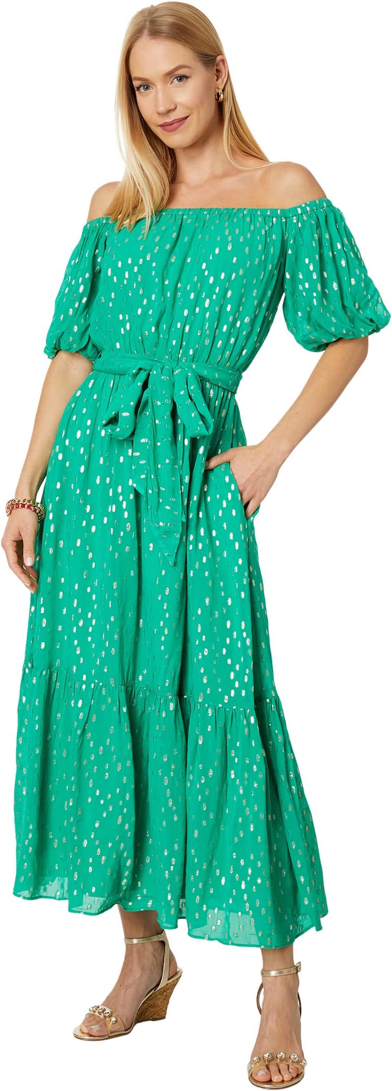 

Платье миди Tamie с открытыми плечами Lilly Pulitzer, цвет Botanical Green Viscose Metallic Clip Dobby