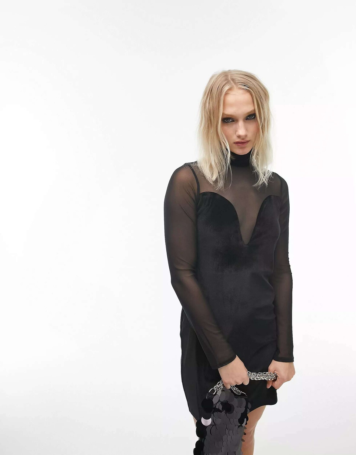 

Черное мини-платье силуэта из бархата и сетки Topshop, Черный