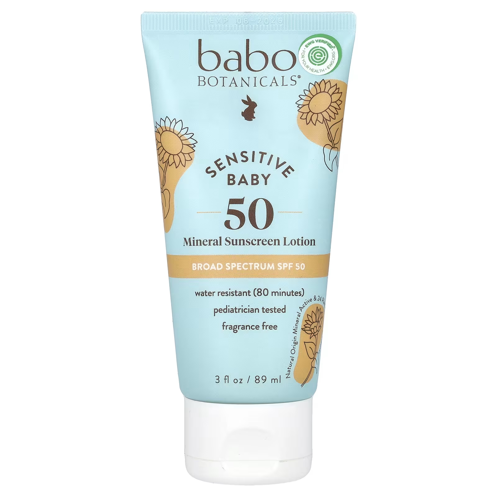 цена Минеральный солнцезащитный лосьон Babo Botanicals Sensitive Baby SPF 50 без отдушек, 89 мл