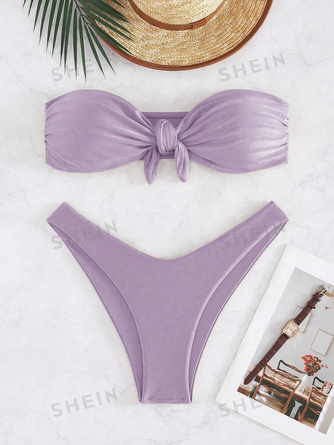 Новое поступление модный сексуальный однотонный комплект бикини без бретелек, фиолетовый
