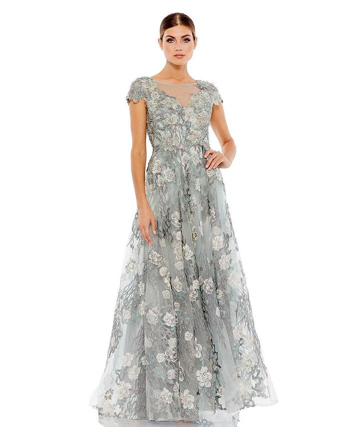 Женское платье с короткими рукавами и цветочной вышивкой Mac Duggal, синий платье трапециевидной формы с вышивкой пайетками mac duggal черный
