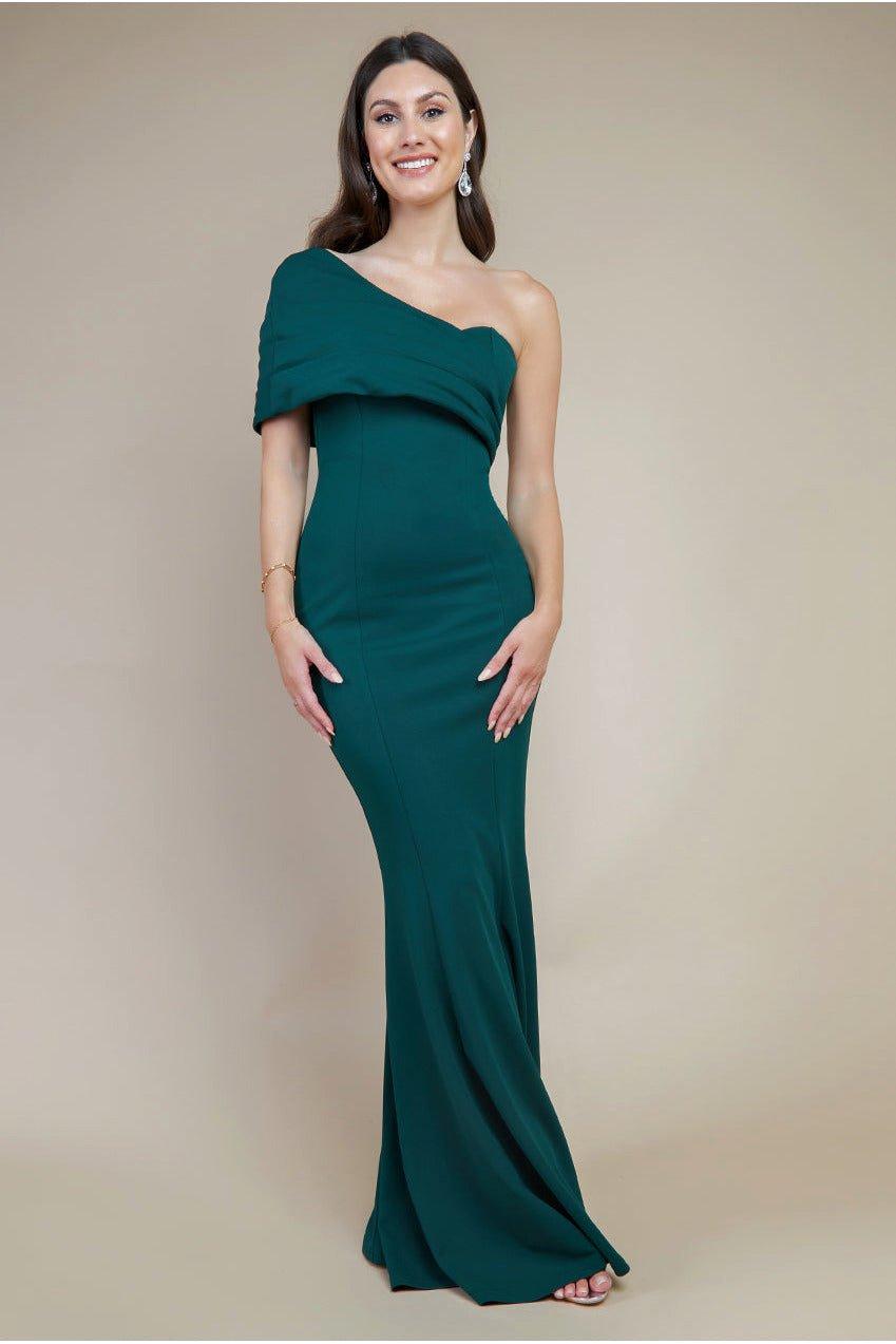 Платье макси на одно плечо с веером Goddiva, зеленый элегантное платье avery skirt