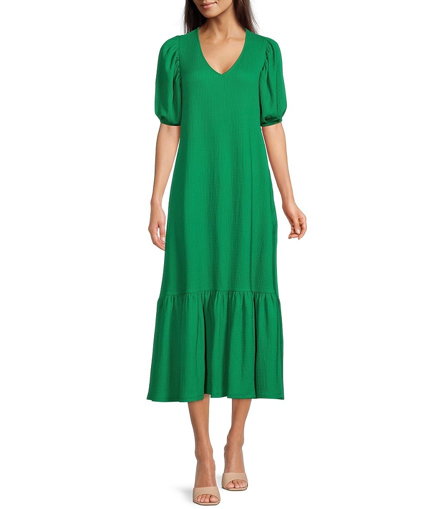 Платье миди Gibson & Latimer с V-образным вырезом и завязкой сзади, короткими рукавами-буфами и оборками по подолу, зеленый