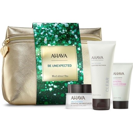 

AHAVA Mud About You Ultimate Набор для ухода за кожей, включающий незаменимый дневной увлажняющий крем, очищающую грязевую маску и минеральный крем для рук.