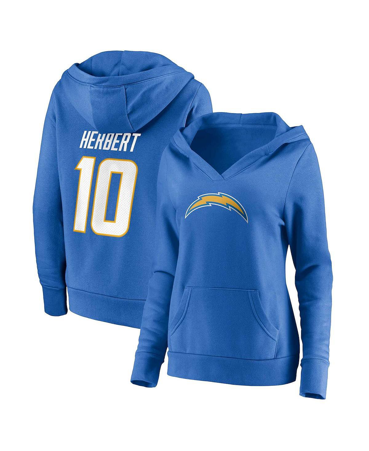 

Женская фирменная толстовка с капюшоном и логотипом Justin Herbert Powder Blue Los Angeles Chargers со значком игрока, именем и номером, пуловером с v-образным вырезом Fanatics