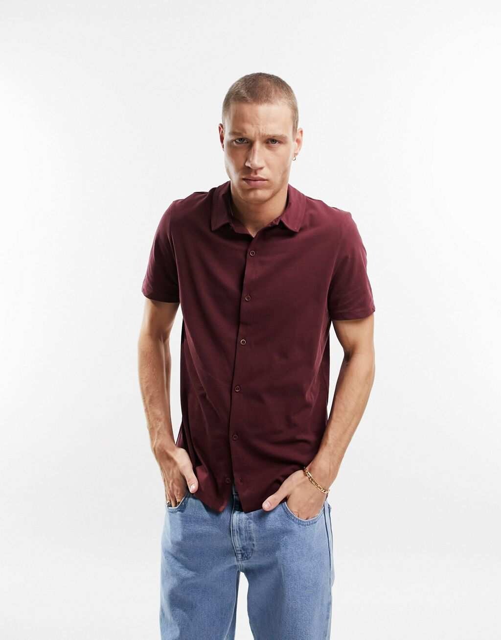 

Бордовая трикотажная рубашка с пуговицами ASOS DESIGN