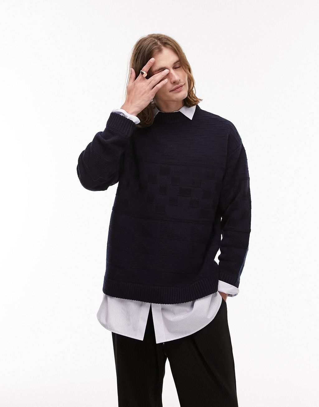 

Темно-синий джемпер смешанного кроя Topman