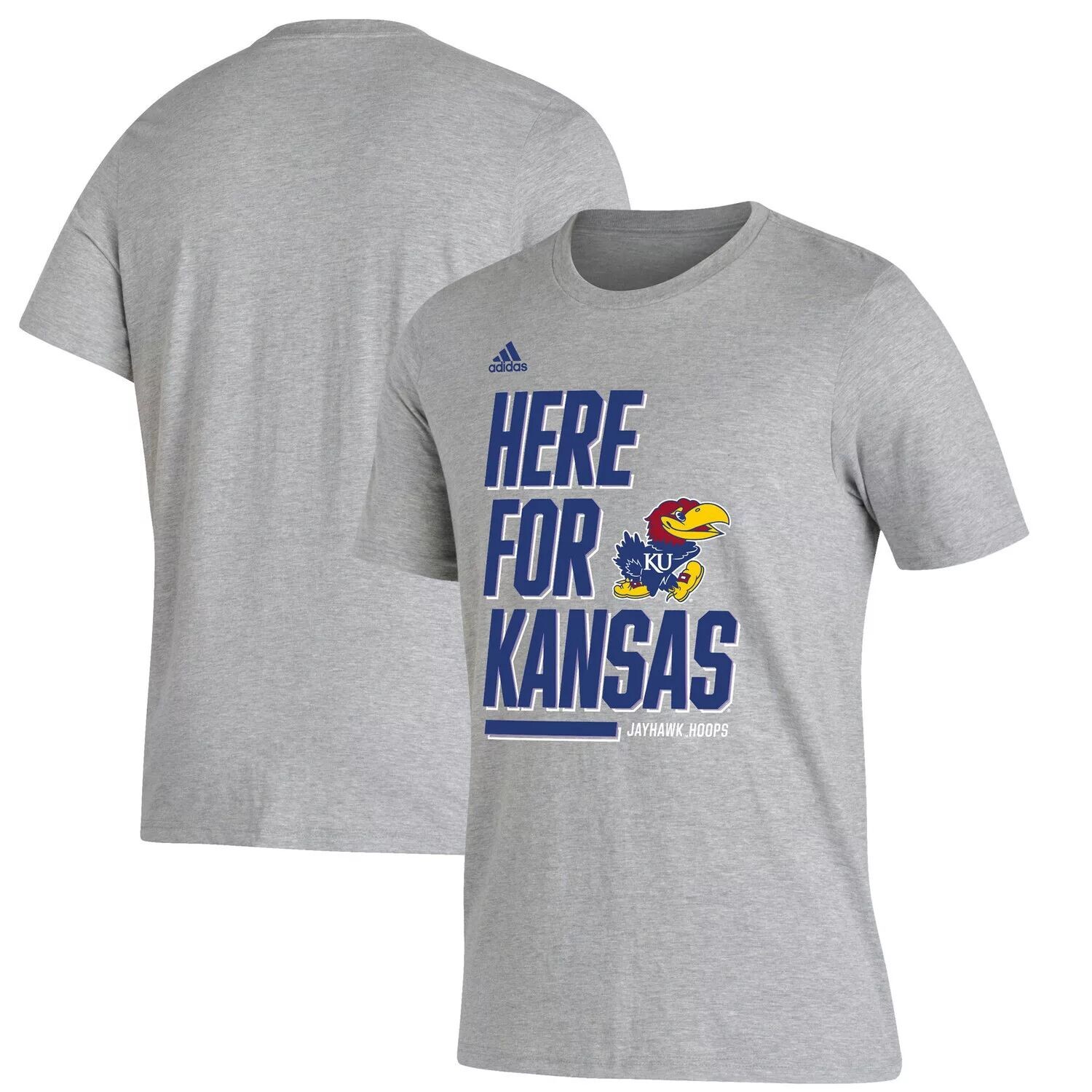 

Мужская футболка adidas Heathered Grey Kansas Jayhawks Here For Bench