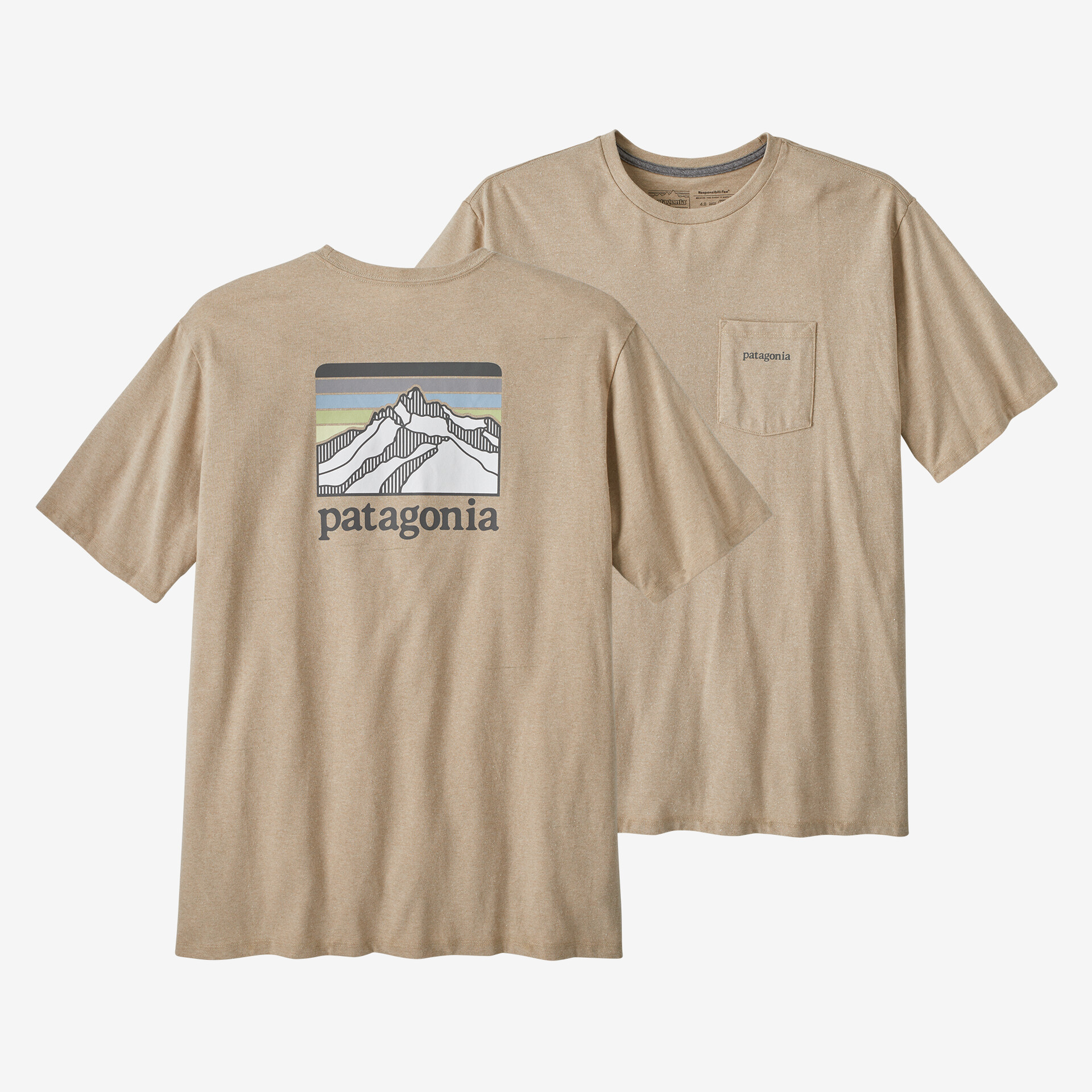 Мужская ответственная футболка с логотипом и карманом Patagonia, цвет Oar Tan в горах графика