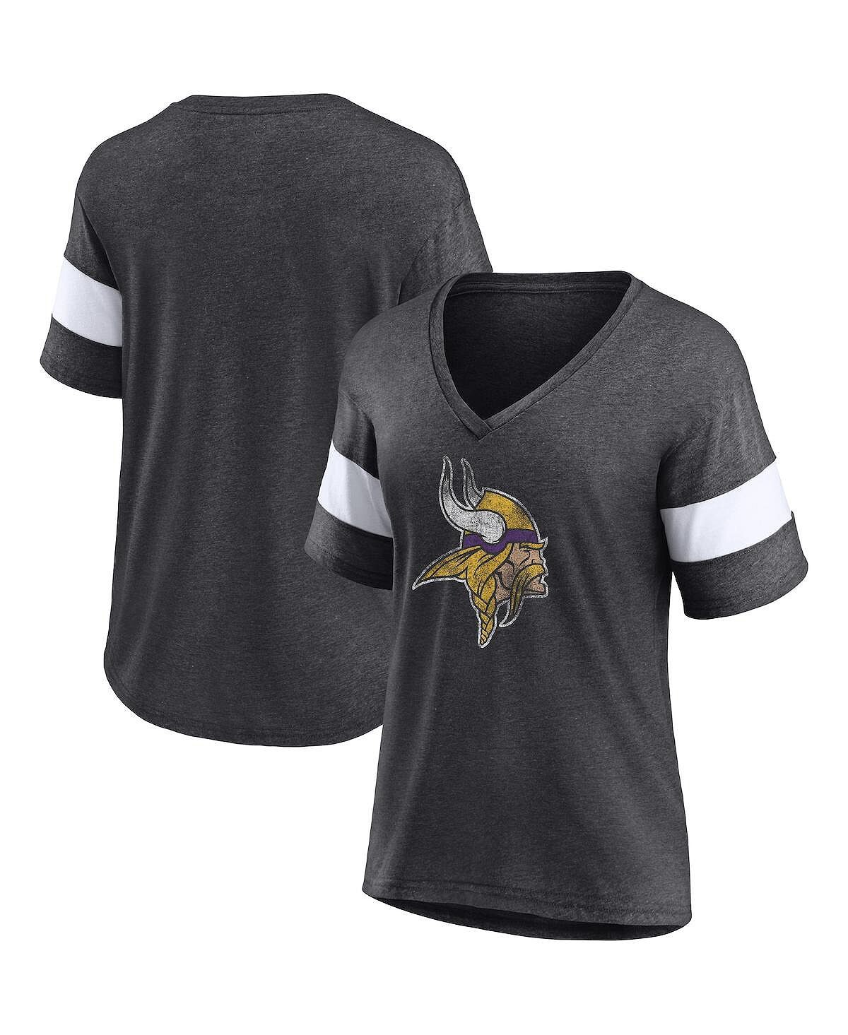 

Женская темно-серо-белая футболка с логотипом Minnesota Vikings Distressed Team Tri-Blend с v-образным вырезом Fanatics