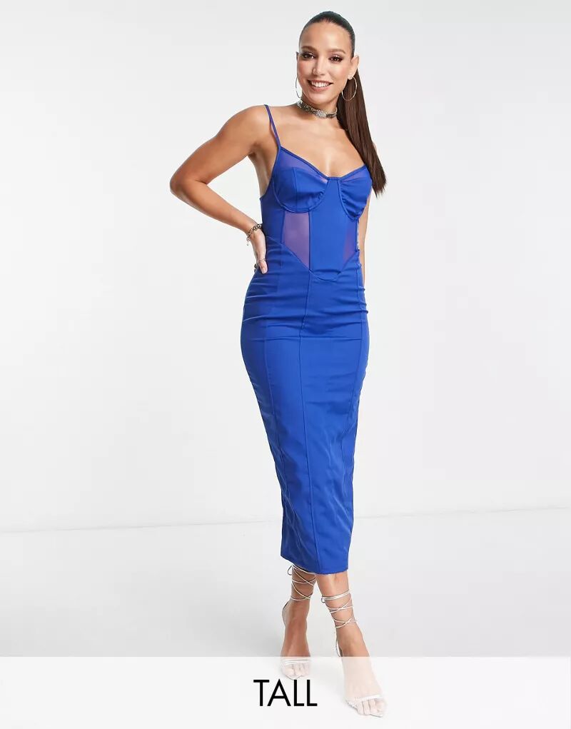 Синее корсетное платье миди с сетчатыми вставками Simmi Tall Simmi Clothing