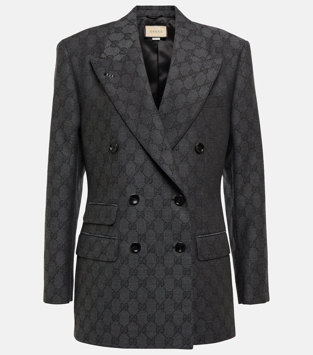 

Двубортный шерстяной блейзер с узором GG GUCCI, серый