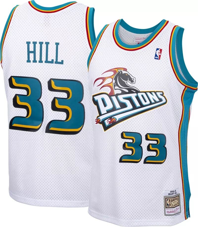 

Мужское джерси Mitchell & Ness 1998 Detroit Pistons Grant Hill #33 белого цвета из твердой древесины Classics Swingman, Белый