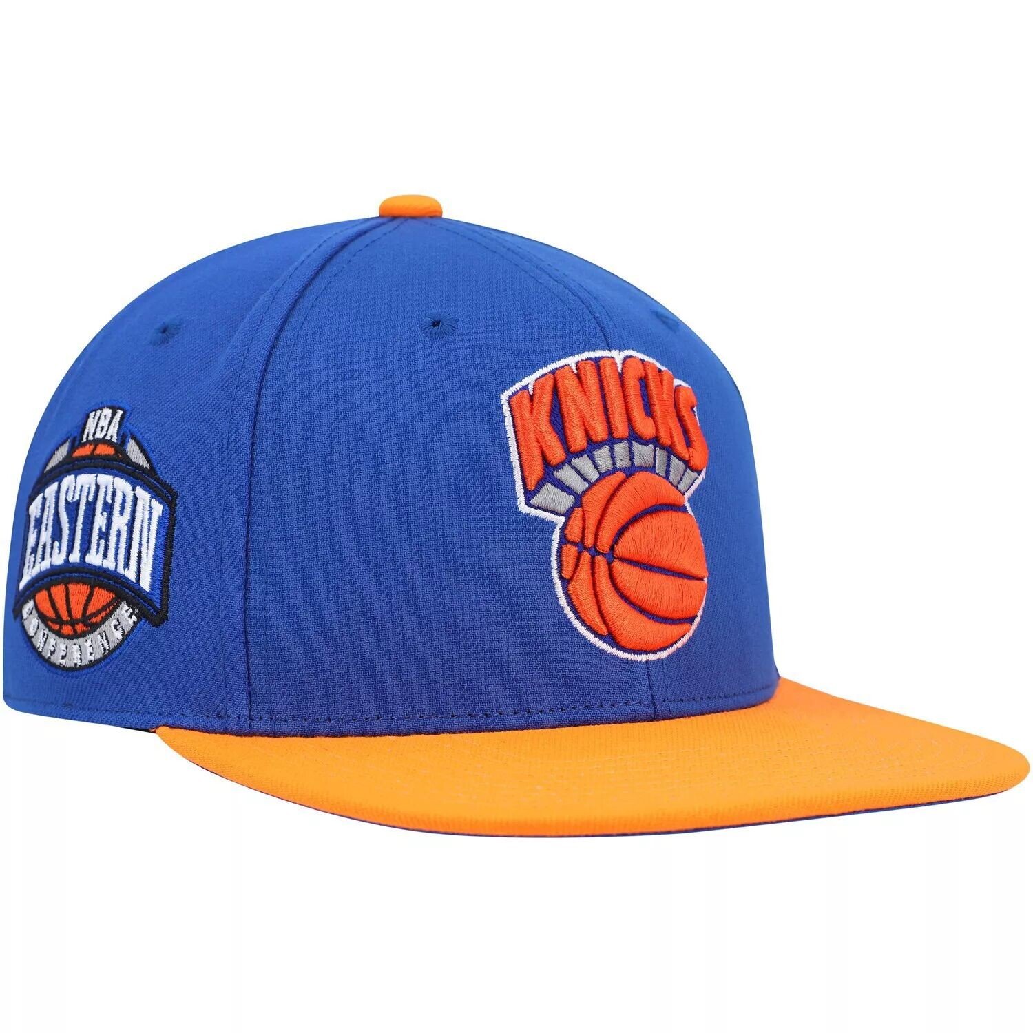 

Мужская шляпа Mitchell & Ness синего/оранжевого цвета New York Knicks Hardwood Classics Coast to Coast Облегающая шляпа