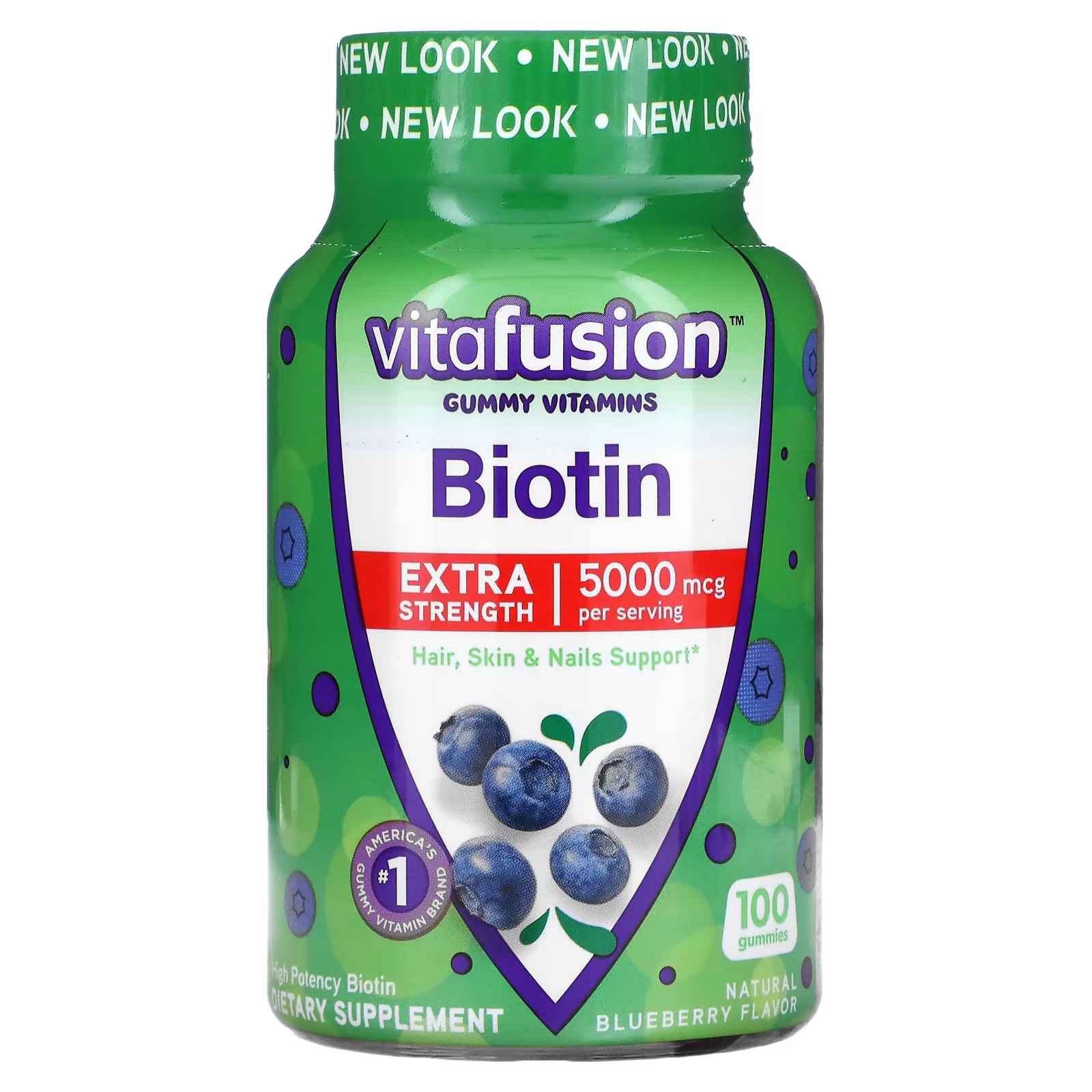 Биотин со вкусом черники VitaFusion Extra Strength 5000 мкг, 100 жевательных таблеток (2500 мкг на таблетку) биотин повышенной силы действия vitafusion голубика 100 жевательных таблеток