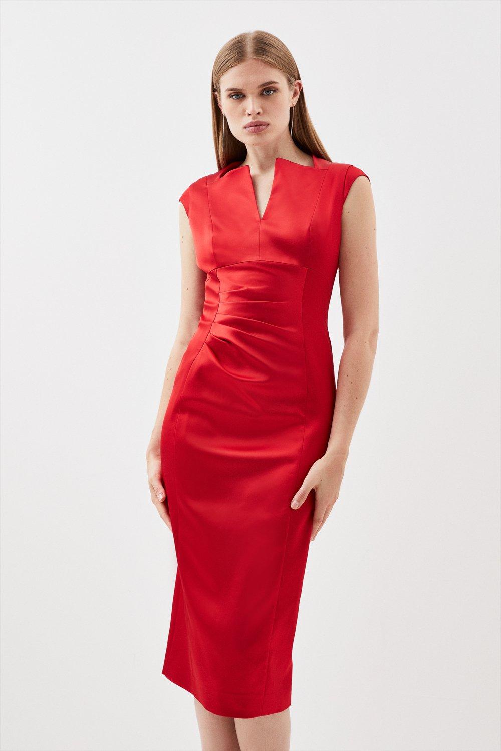 Итальянское атласное платье миди с вырезом-конвертом и карандашом Karen Millen, красный