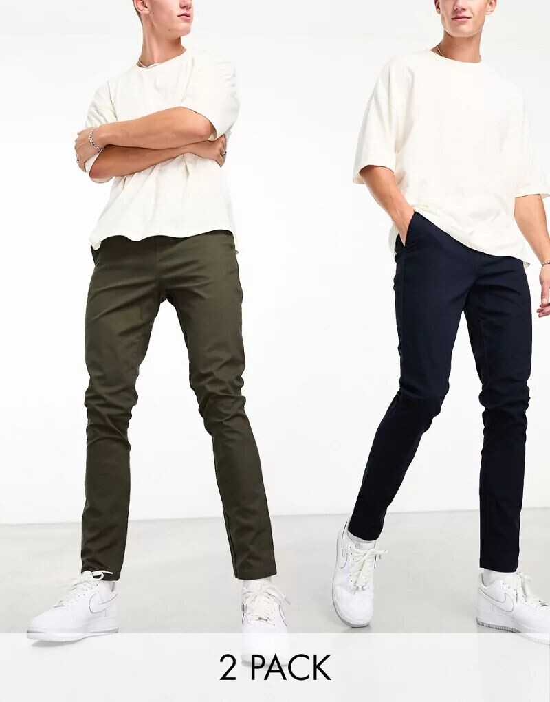 

Комплект из двух узких брюк чинос ASOS цвета хаки и темно-синего цвета