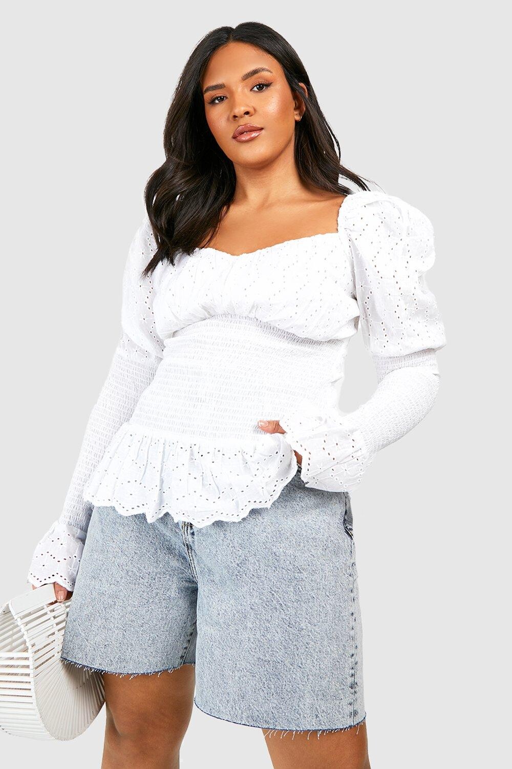 

Топ plus с английской гофрикой и буфыми рукавами Boohoo, белый