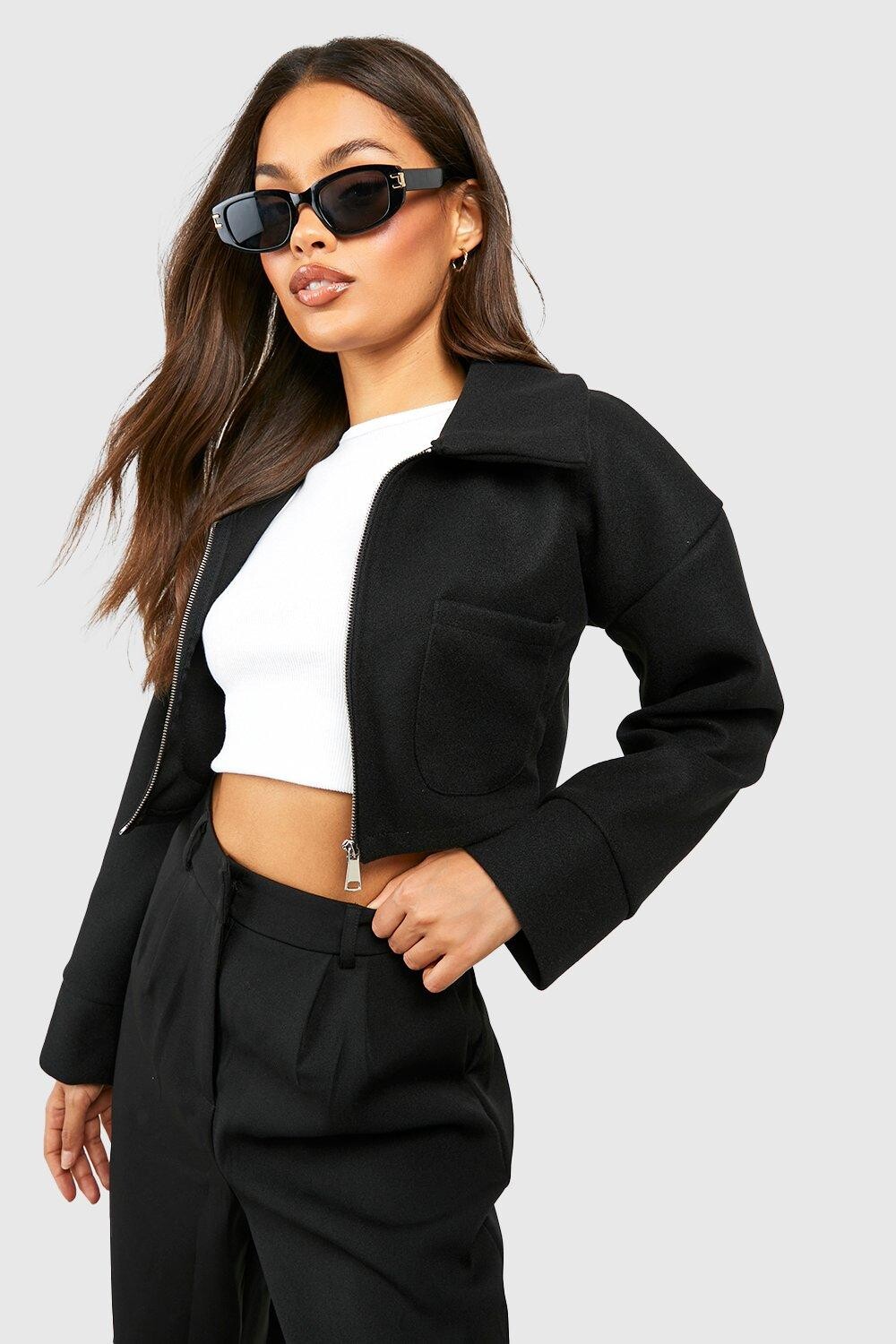 

Укороченная шерстяная куртка на молнии boohoo, черный