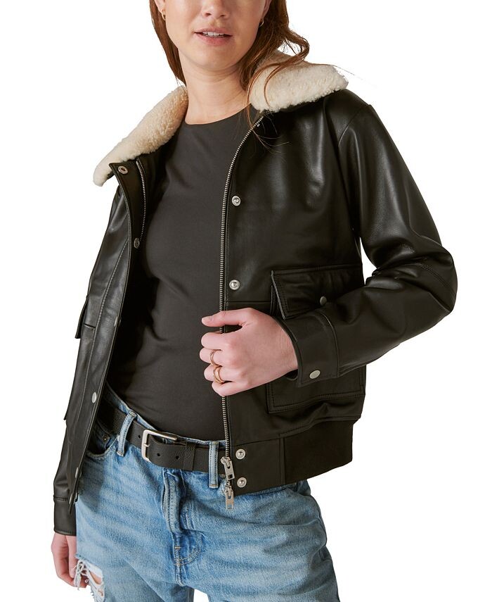 

Женский кожаный бомбер с дубленочным воротником Lucky Brand, черный