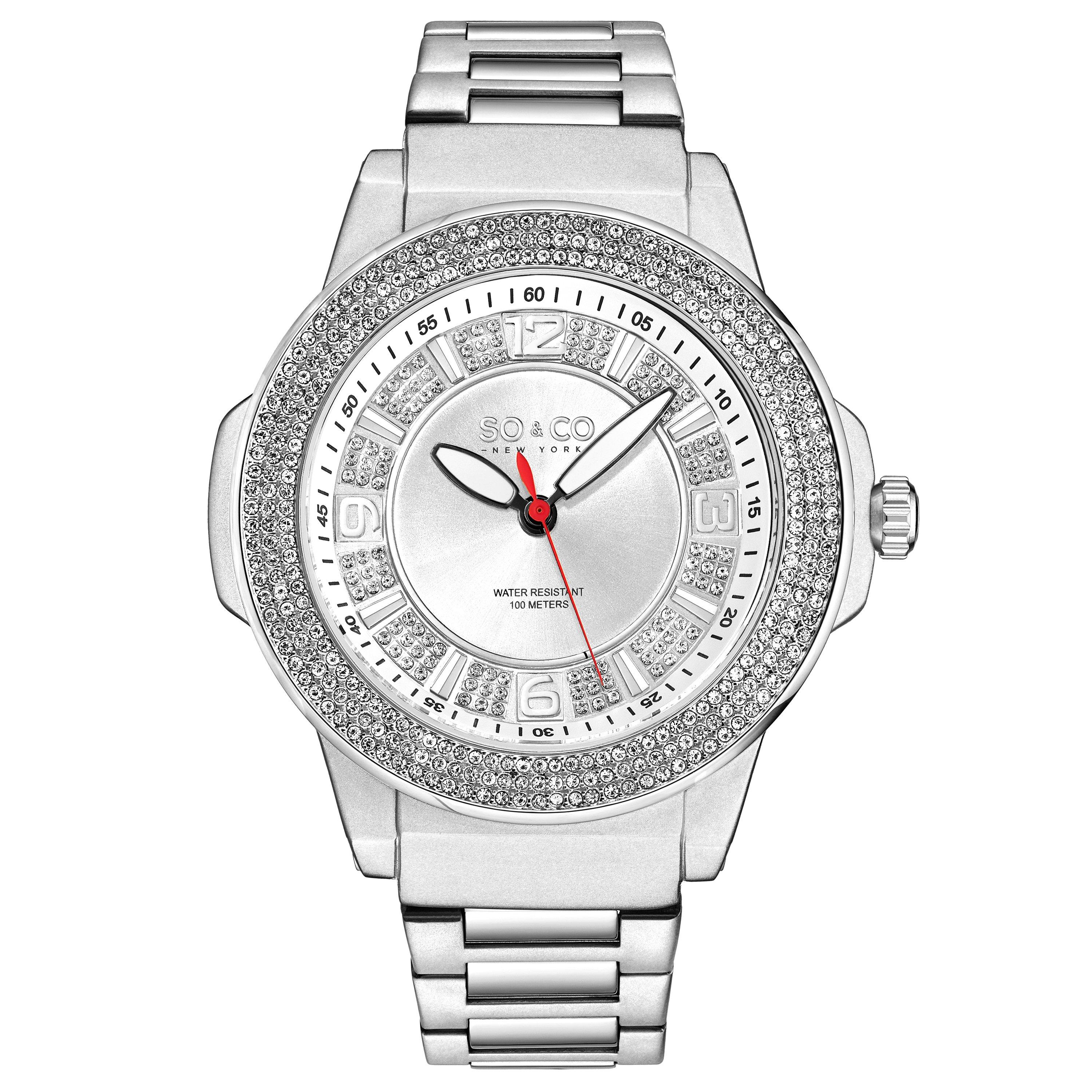 Кварцевые часы Madison 5565, диаметр 48 мм, с безелем, усыпанным кристаллами, и серебряным циферблатом SO&CO, серебро
