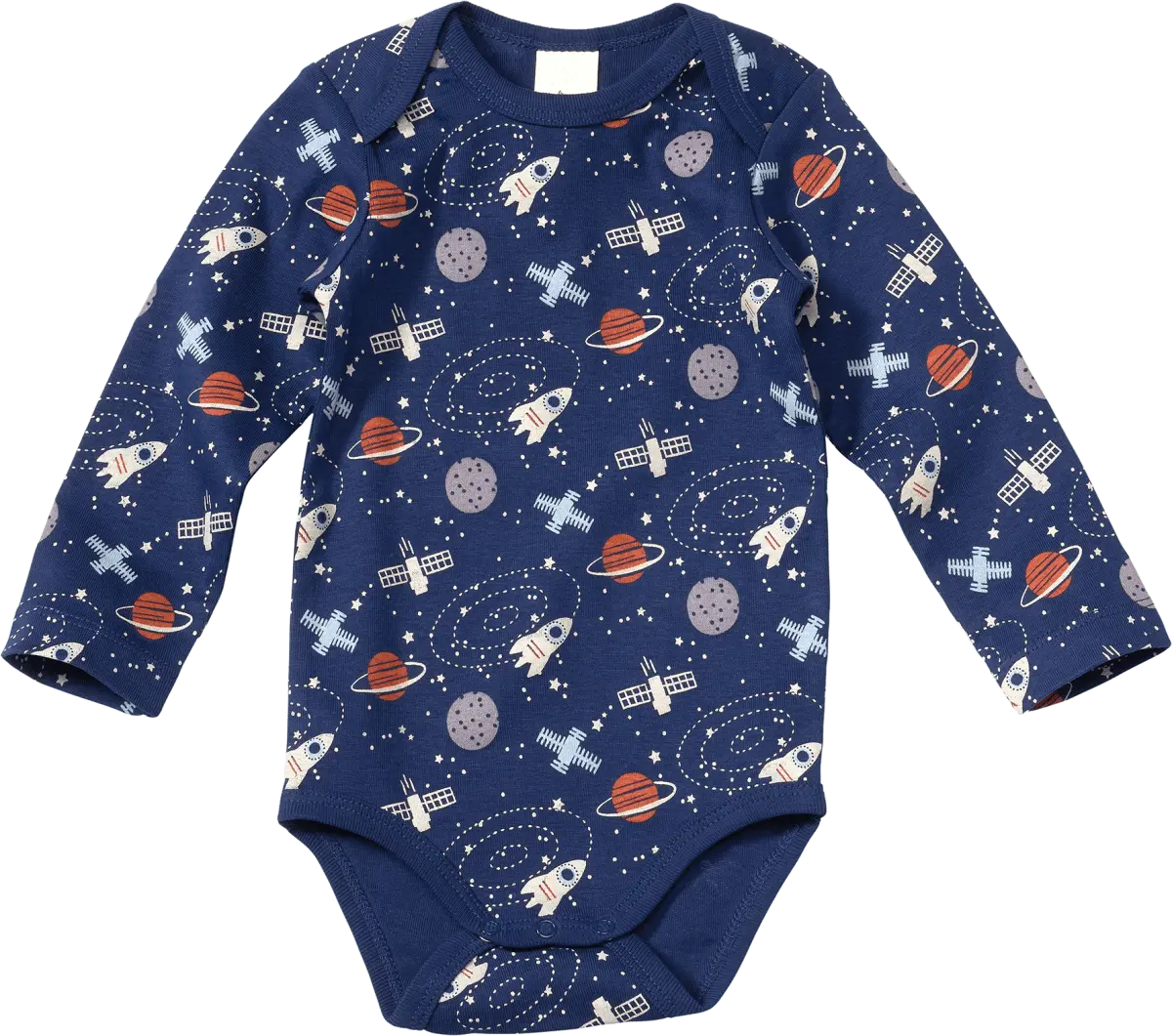 

Боди с длинным рукавом с космическим узором синее размерное. 98/104 10шт ALANA