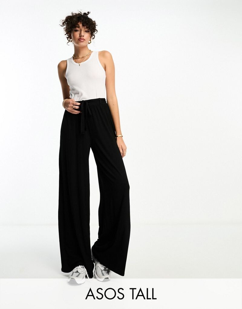 

Черные широкие брюки с поясом и поясом ASOS DESIGN Tall