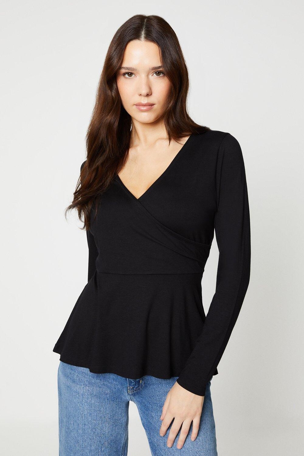 

Черный топ с запахом и длинными рукавами Dorothy Perkins, черный