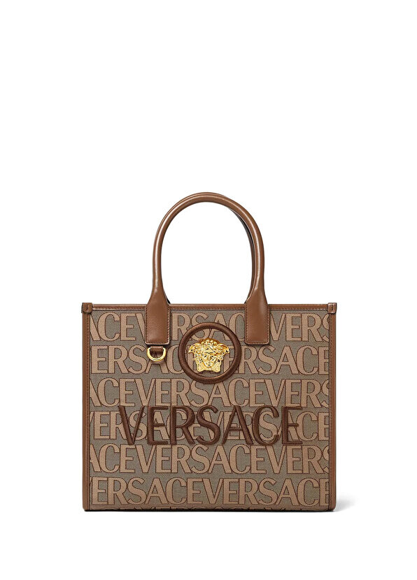 

Маленькая женская сумка-шоппер из бежевого жаккарда с логотипом Versace