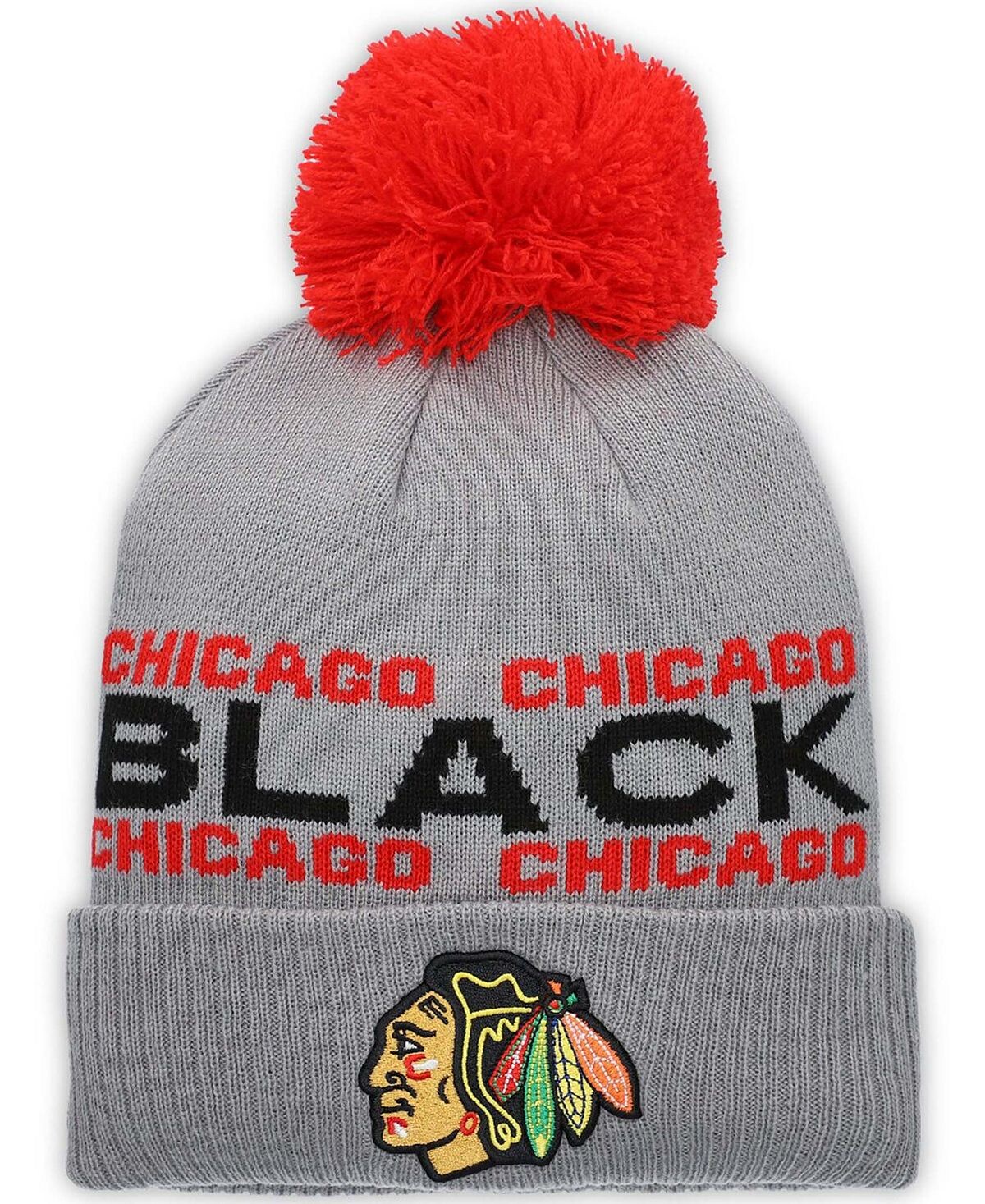 

Мужская серая вязаная шапка с манжетами и помпоном Chicago Blackhawks Team adidas