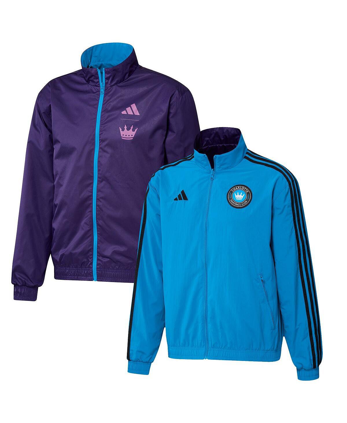 цена Мужская двусторонняя командная куртка с молнией во всю длину, сине-фиолетовая Charlotte FC 2023 On-Field Anthem adidas