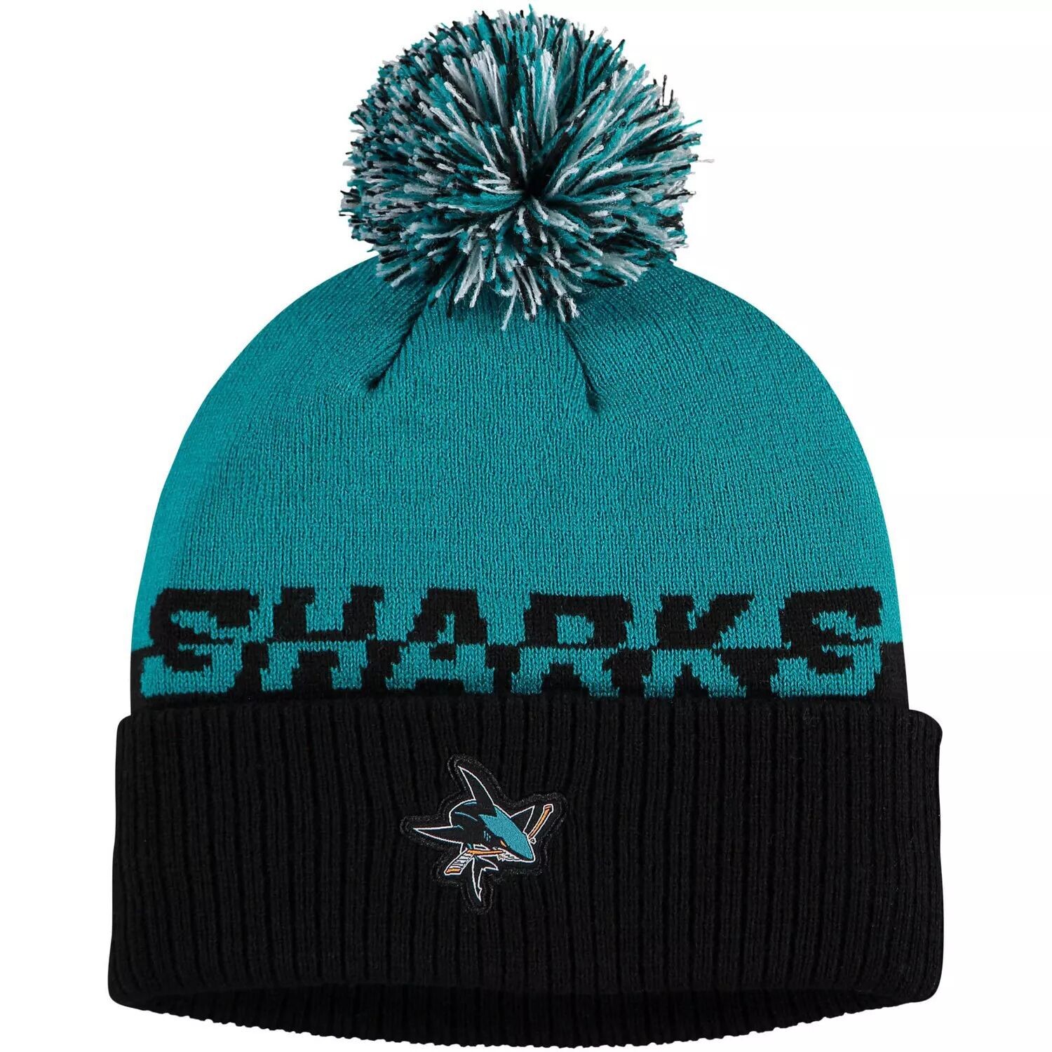 

Мужская вязаная шапка adidas Black/Teal San Jose Sharks COLD.RDY с манжетами и помпоном