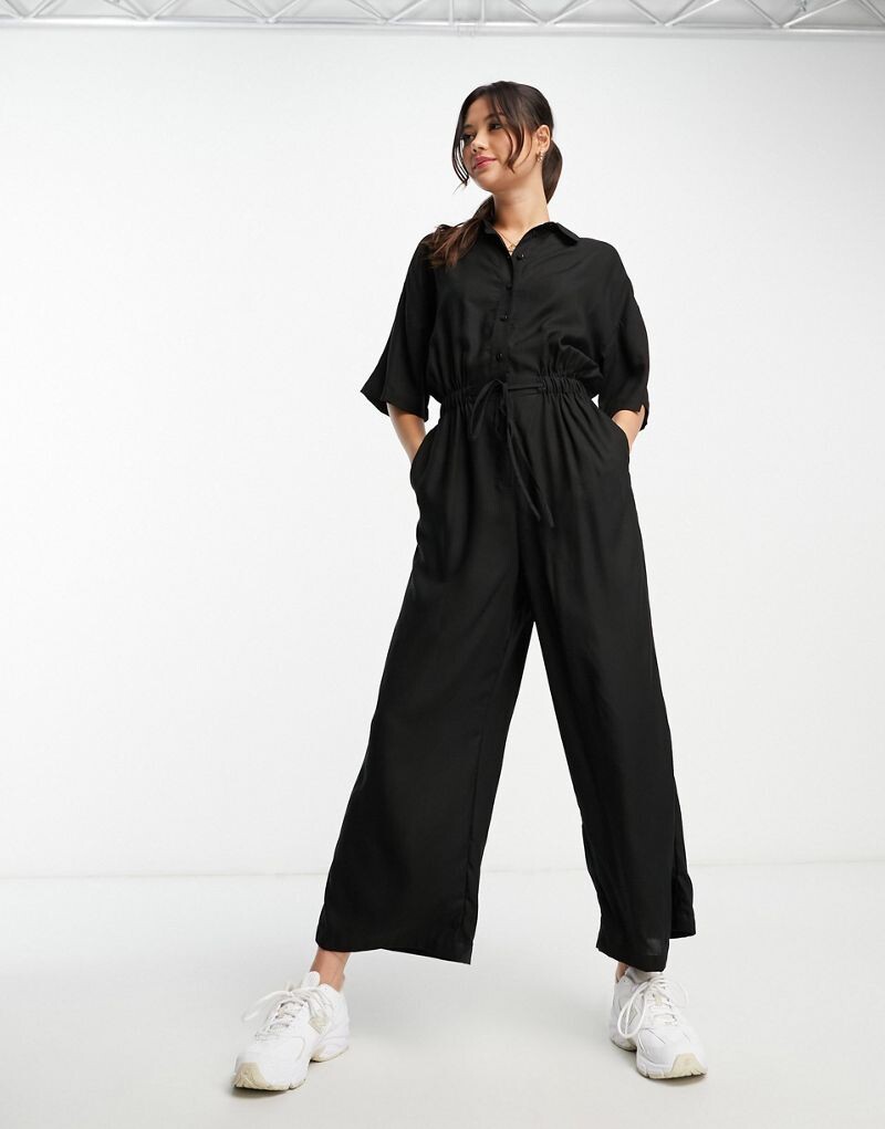 

Черный комбинезон-рубашка оверсайз с завязкой на талии ASOS DESIGN
