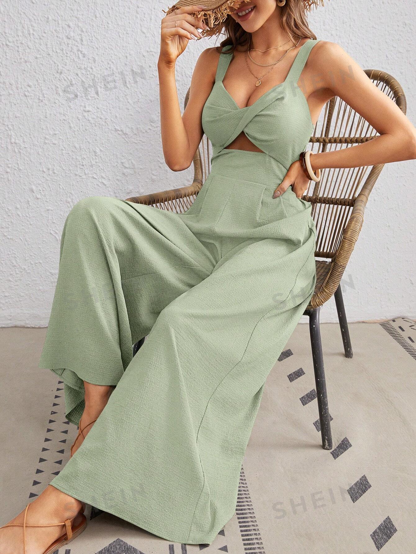 женский деловой комбинезон с открытыми плечами и широкими штанинами SHEIN VCAY Однотонный широкий комбинезон с вырезом и витым узлом, мятно-зеленый
