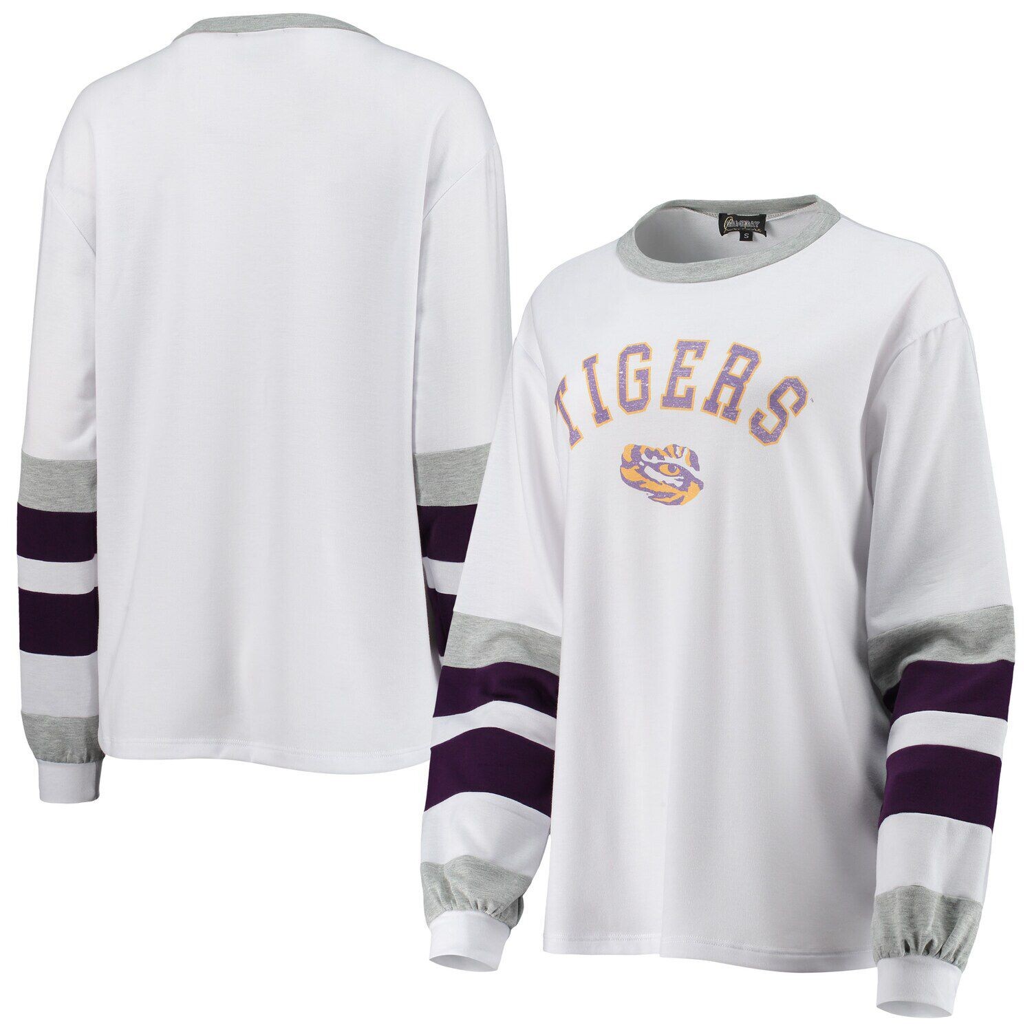 

Женская белая/фиолетовая футболка LSU Tigers в полоску с цветными блоками и длинными рукавами, Фиолетовый
