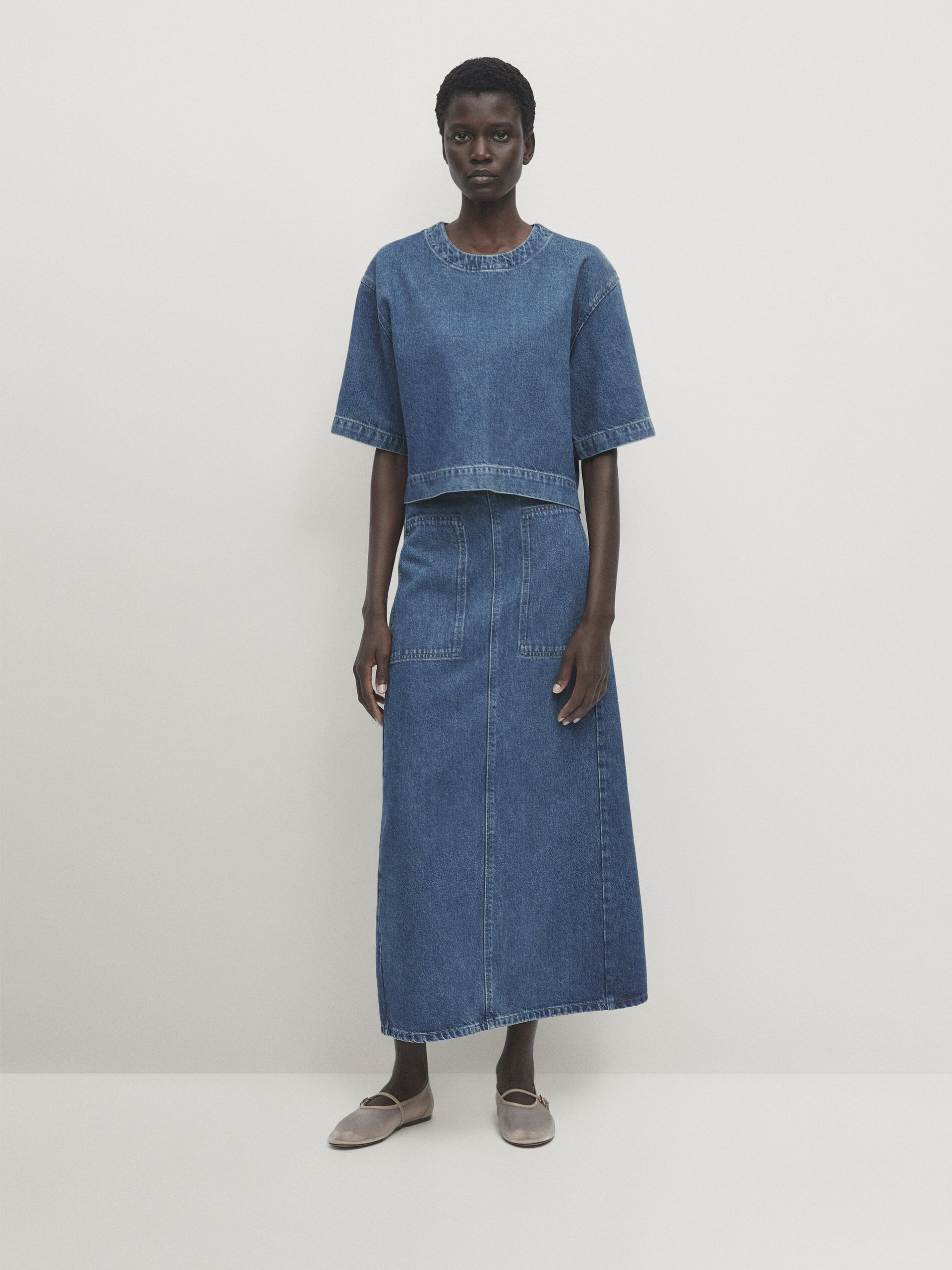 Джинсовая юбка прямого кроя carpenter Massimo Dutti, синий