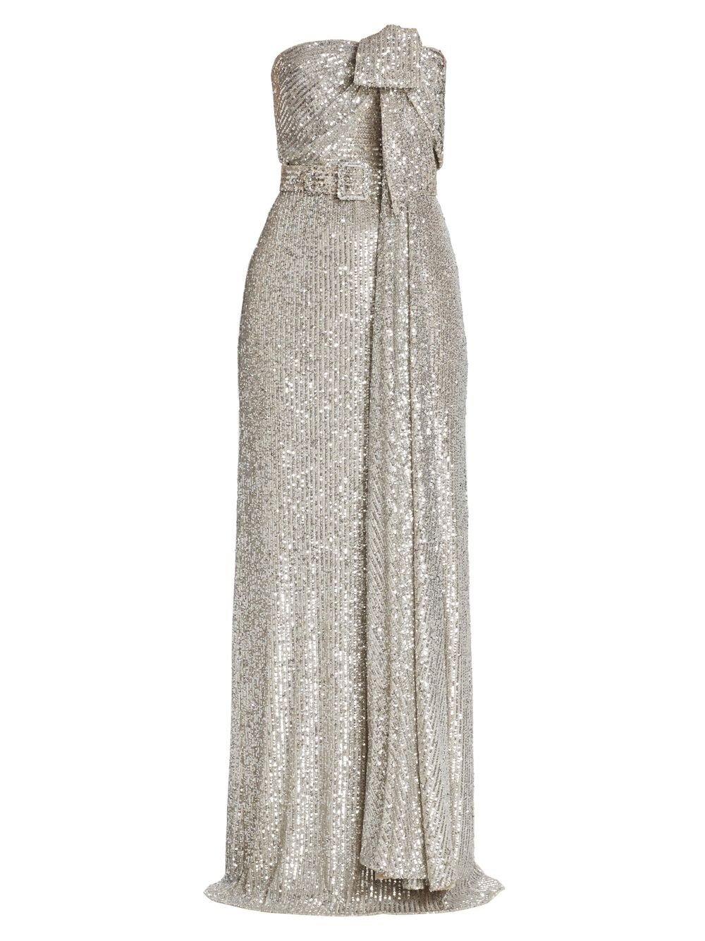 

Платье без бретелек с пайетками и бантом Badgley Mischka, серебряный, Серый