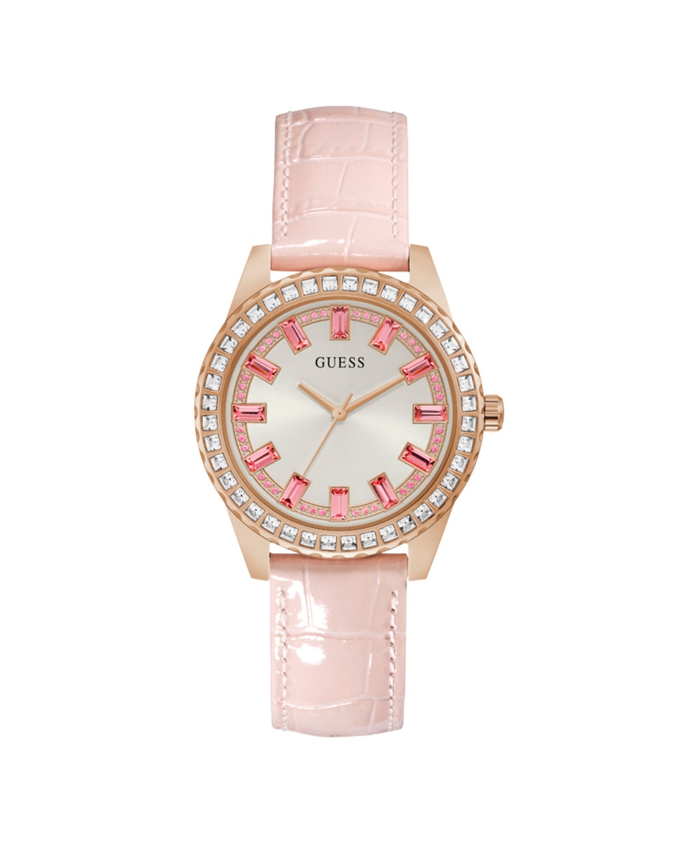 Сверкающие розовые женские часы GW0032L2 из кожи с розовым ремешком Guess, розовый часы женские со стразами и кожаным ремешком роскошные модные с изображением звездного неба