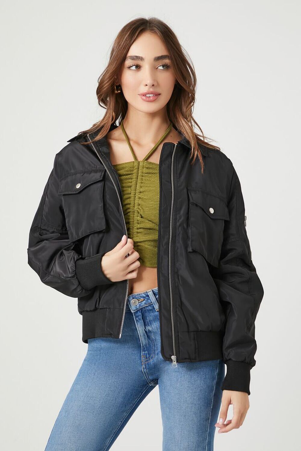 

Бомбер на молнии Forever 21, черный