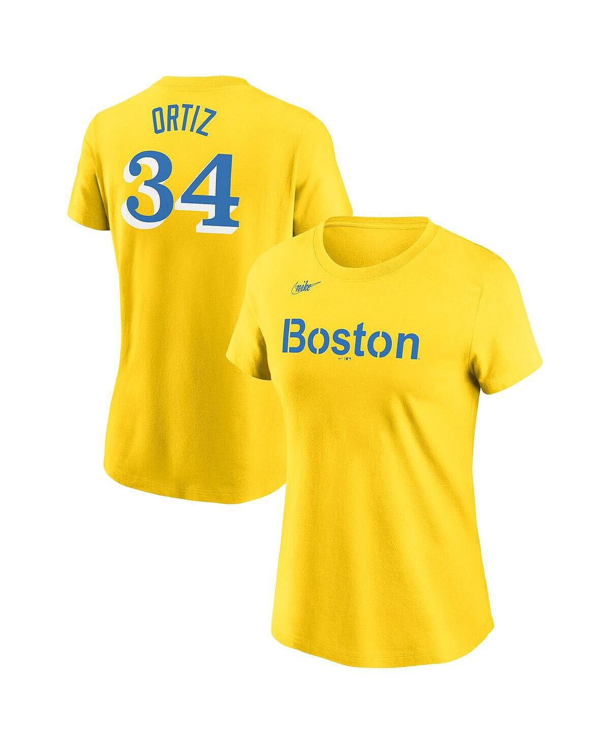 

Женская футболка с именем и номером David Ortiz Gold Boston Red Sox City Connect Nike, золотой