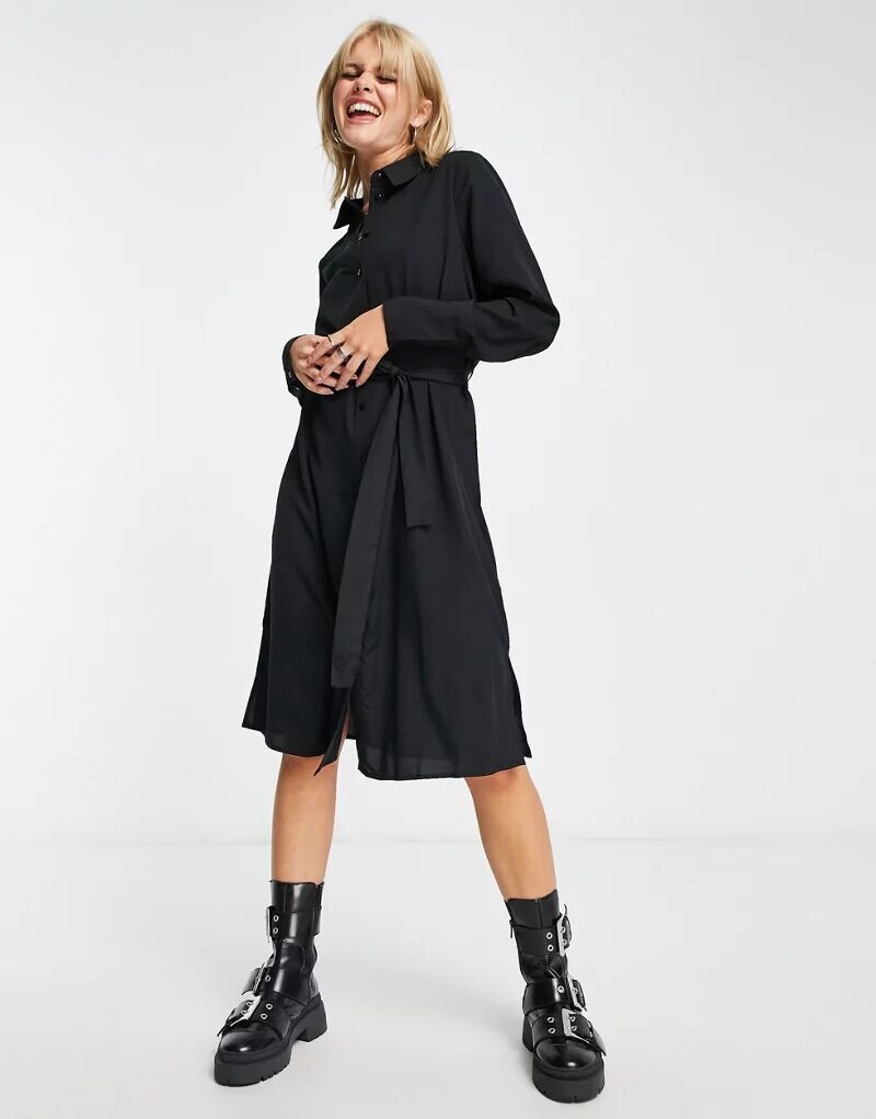 

Черное платье-рубашка с завязкой на талии Vero Moda