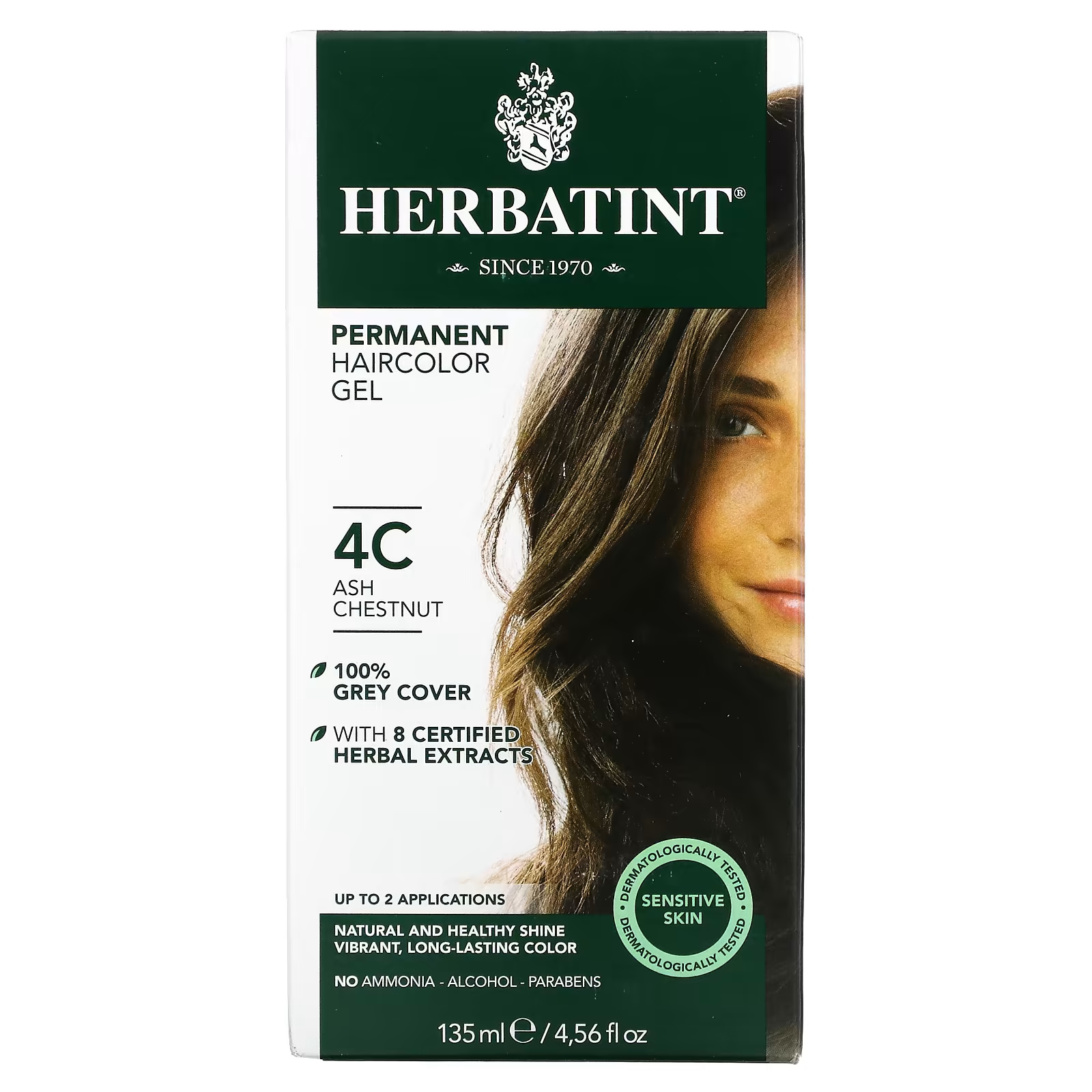 Перманентная гель-краска для волос Herbatint 4C пепельно-каштановый, 135 мл